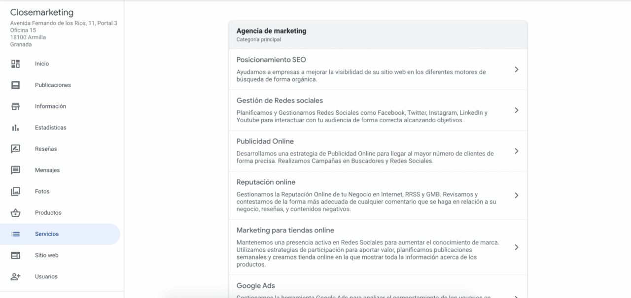 Ficha Google My Business Servicios