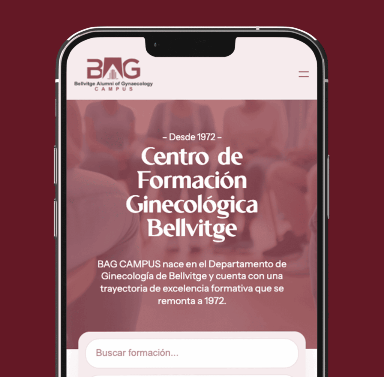 Diseño de plataforma de formación online para BAG: Centro de Formación Ginecológica BAG Centro de Formacion Ginecologica Home Movil