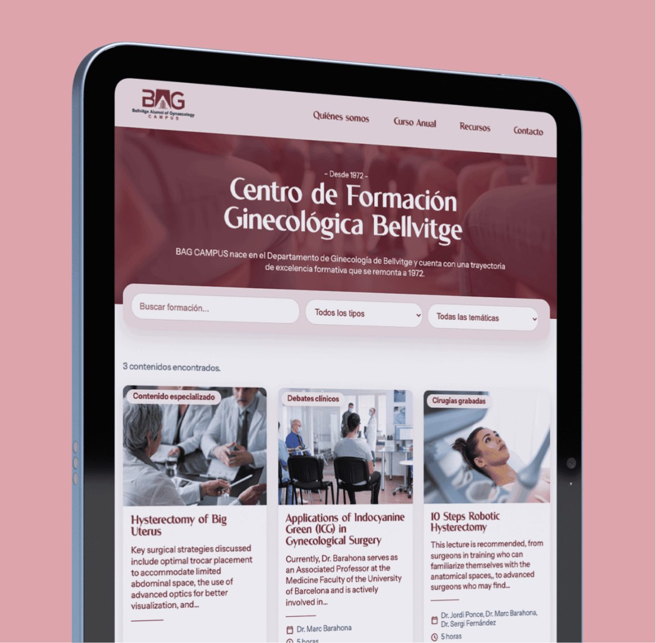 Diseño de plataforma de formación online para BAG: Centro de Formación Ginecológica BAG Centro de Formacion Ginecologica Vista de tablet